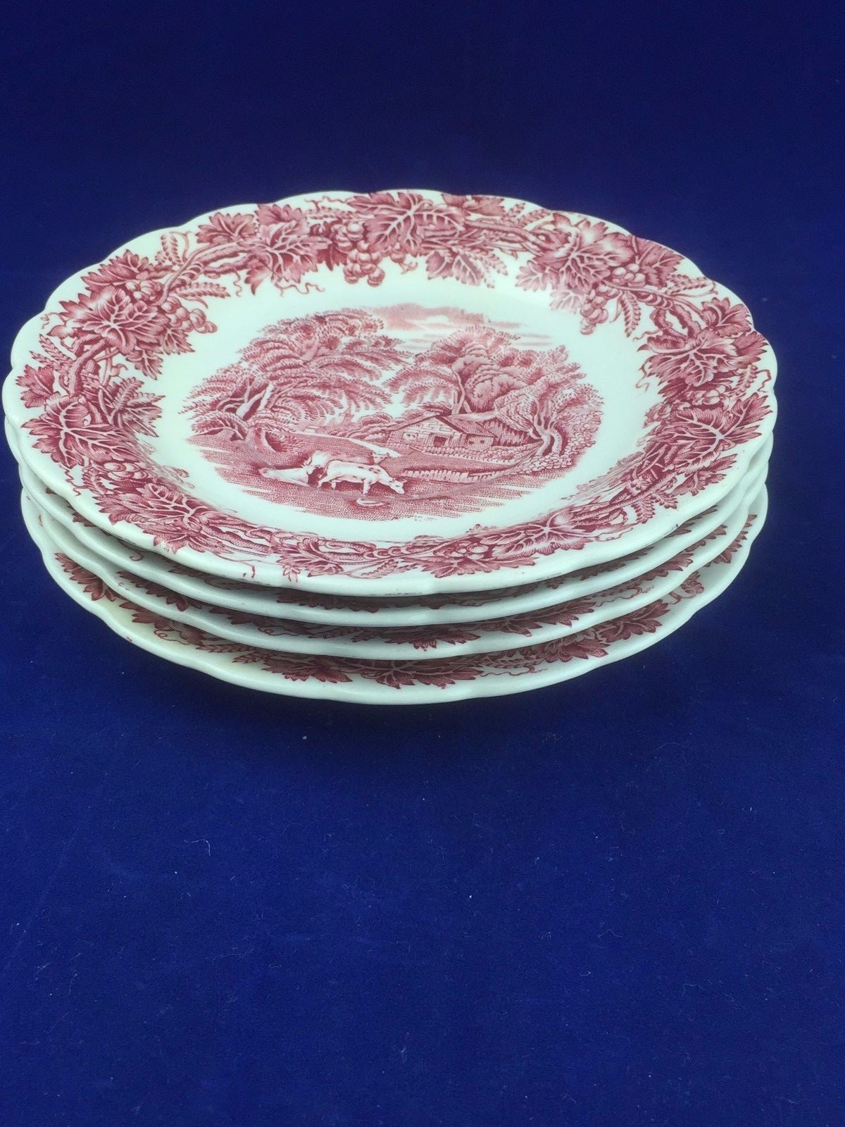 set of 4 saucers Booths china BRITISH SCENERY red transferware made in England
