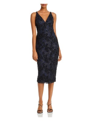AQUA Womens Navy Sequined Lace Sleeveless V Neck Midi Evening Body Con Dress 4