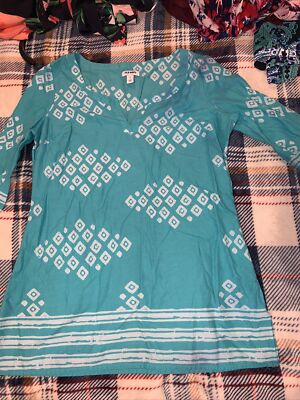 OLD NAVY Turquoise & Gray Patterned Notch V-Neck Tunic 3/4 Notch Sleeves Small
