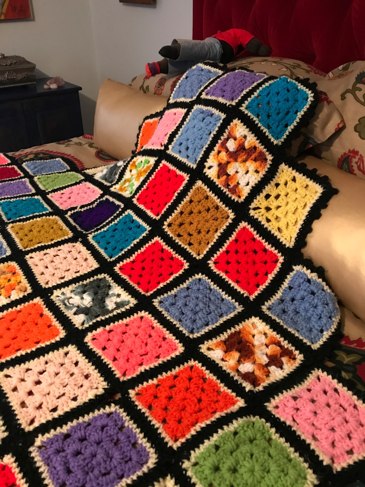 Large Vibrant Multi Colored 4 pointed Hand Crocheted Vintage Blanket- 87 x 87 In