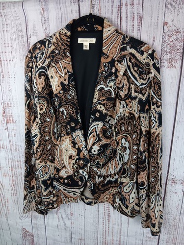Coldwater Creek Floral Blazer Women’s 14 Black Tan 1 Button Business Casual