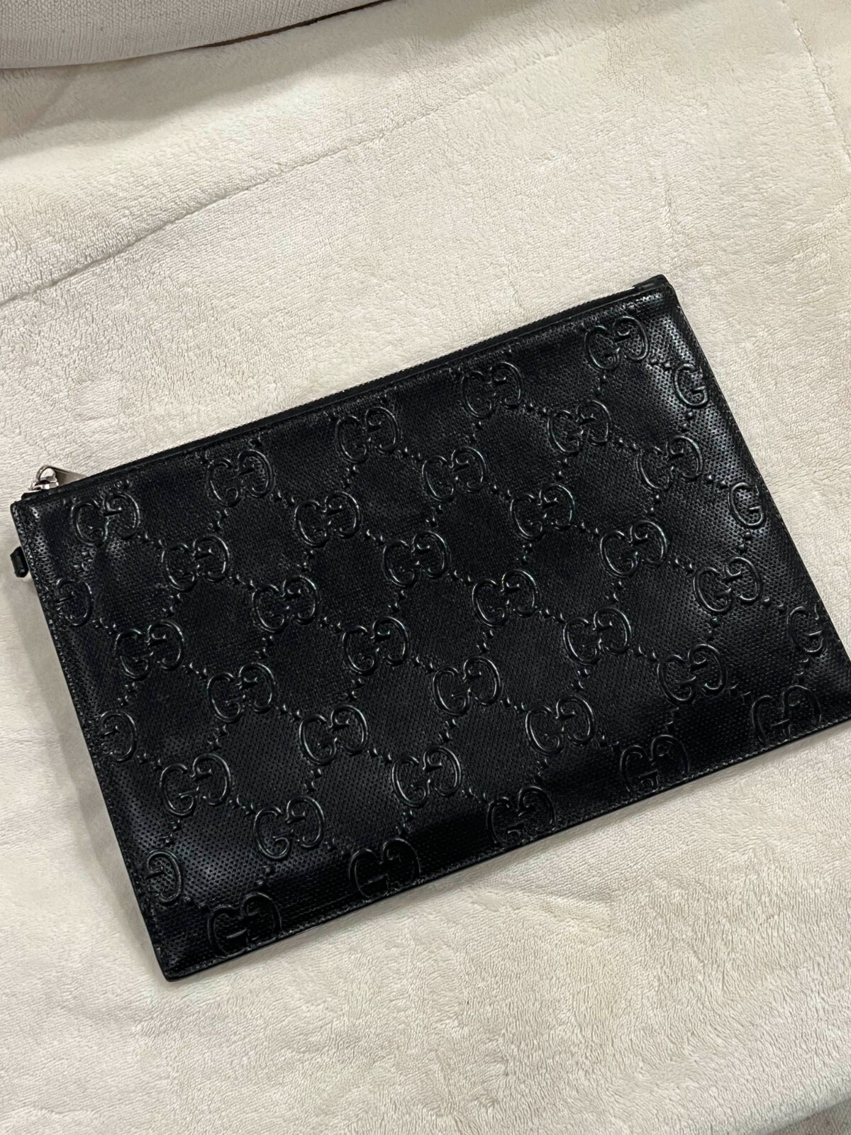 GUCCI 625569 GG Emboss Clutch Bag Business Bag Black Leather