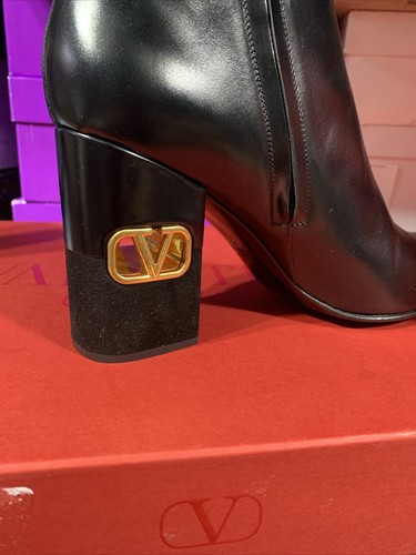 Pre-owned Valentino Garavani Women's Black Block Heel Logo Booties Sz 41 Gold Emblem