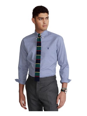 

POLO RALPH LAUREN Синяя классическая рубашка стрейч с заостренным воротником в мелкую клетку, Синий, 711812668001