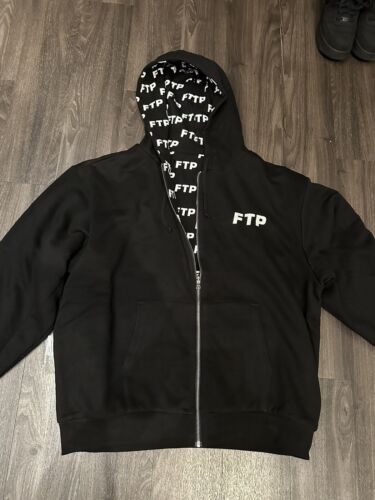 Pre-owned Ftp Xl Allover Reversible Logo Zip Hoodie Black Pre-owned Ftp Xl Allover Reversible Logo Zip Hoodie Black
