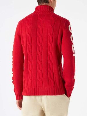 Pre-owned Mc2 Saint Barth Man Turtleneck Braided Sweater With Cortina Ampezzo Print In Red