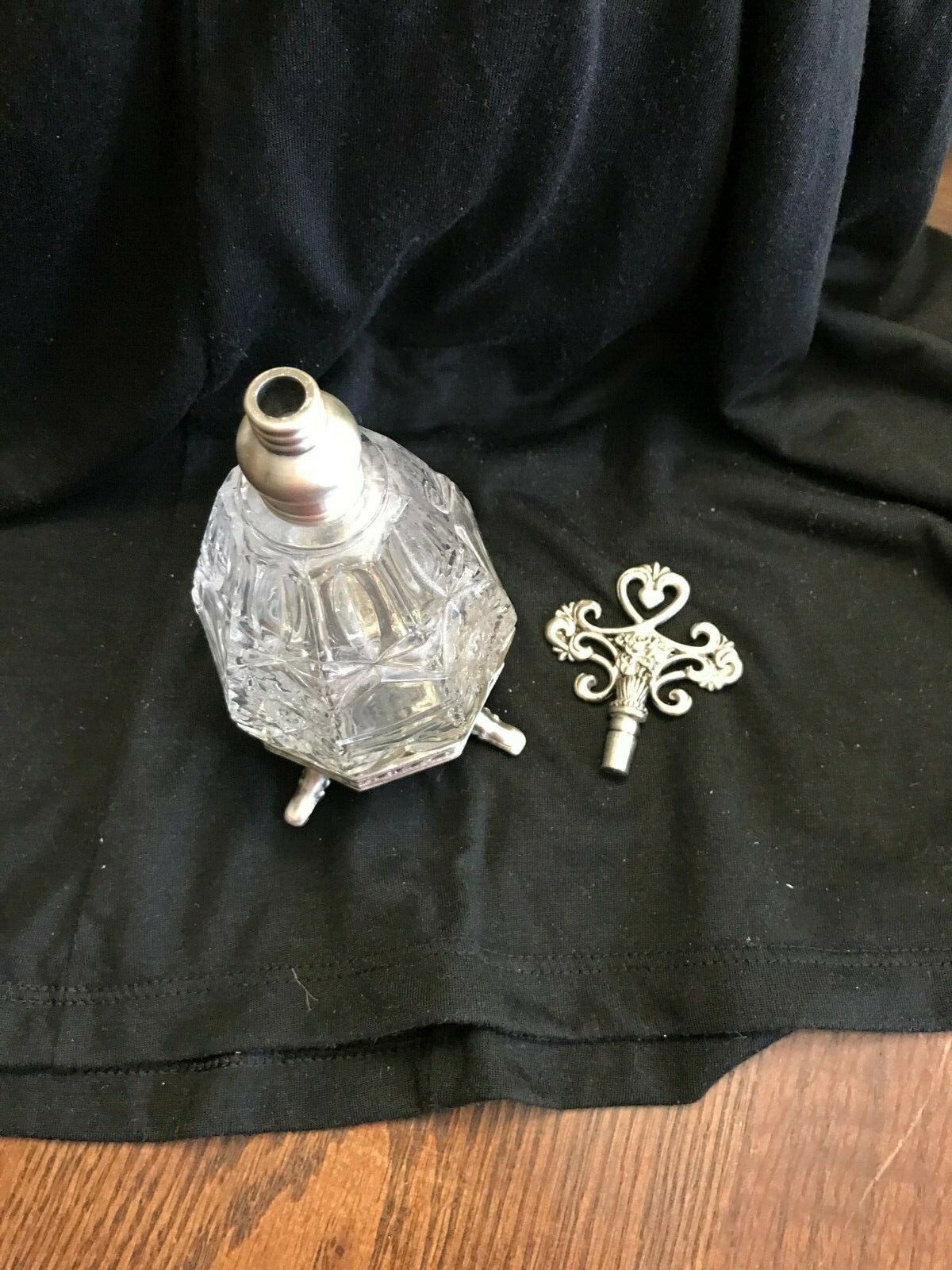 Vintage Glass Crystal Perfume Bottle with Metal Legs and Top 7