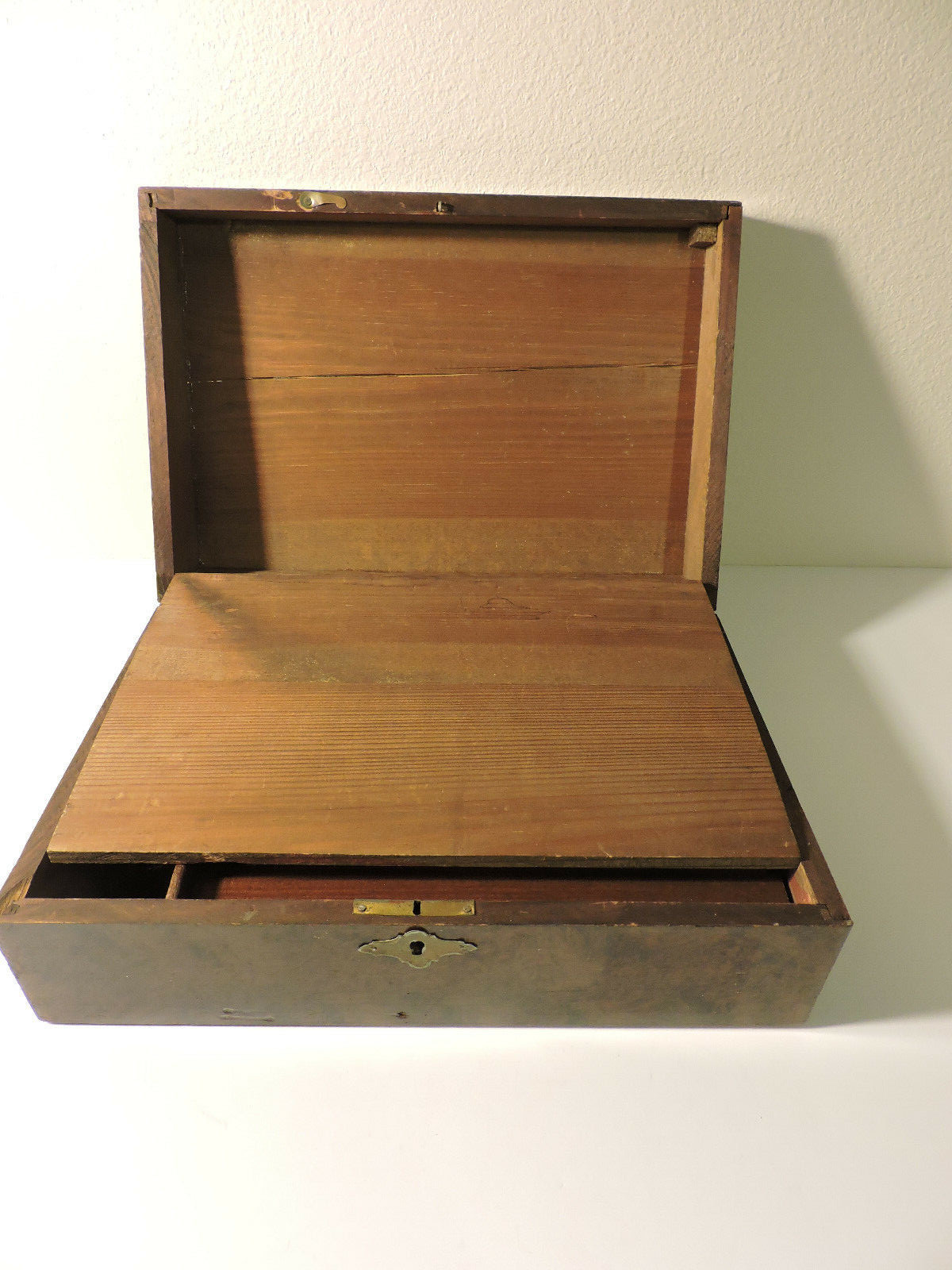 Vintage Ladies lap desk Wooden with Victorian scene on top brass latches 1900s