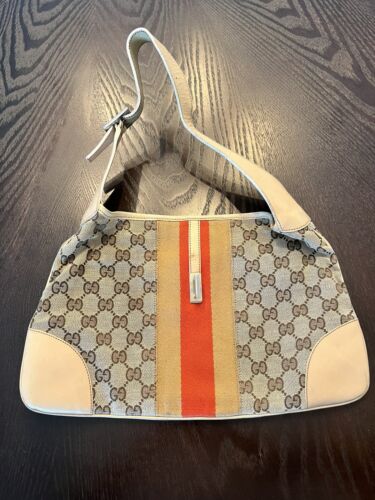 Vintage Gucci GG Jackie Bag Monogram Beige Leather Red Vintage Gucci GG Jackie Bag Monogram Beige Leather Red