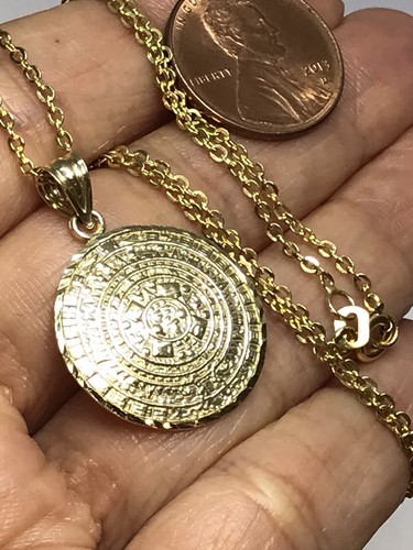 Pre-owned Handmade Gold Necklace Set Aztec Pendant Solid Real 10k 1.15" Chain 1.5mm 18"