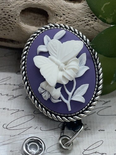 3D  Purple Butterfly Cameo Retractable Reel ID Card Badge Holder Key Chain Ring