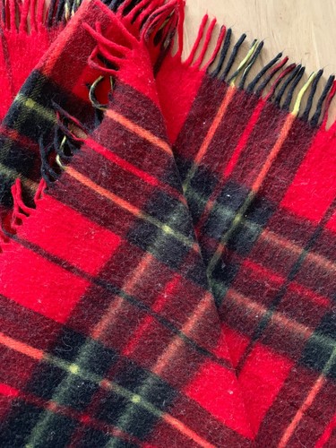 Vintage Red Black Yellow Wool Soft Camper Blanket GUC Fringe 50 X 58 Inches