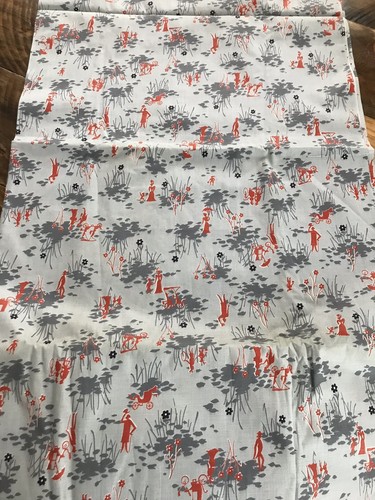 Vintage 1950's Mid Century 4 yards Gray Orange Man Woman Car Model T Fabric