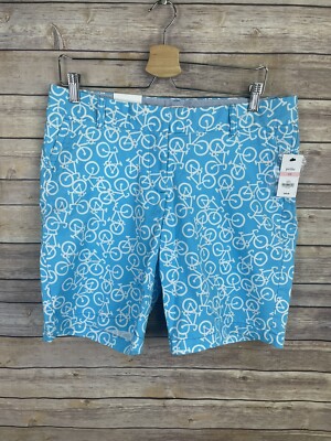 Crown Ivy 10 Petite NWT Chino Shorts Bicycle Print Teal White Flat Front