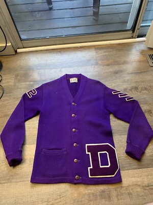 1940s Wool Letterman Cardigan Knit Sweater Puritan Natch Sz 34 Purple DHS READ