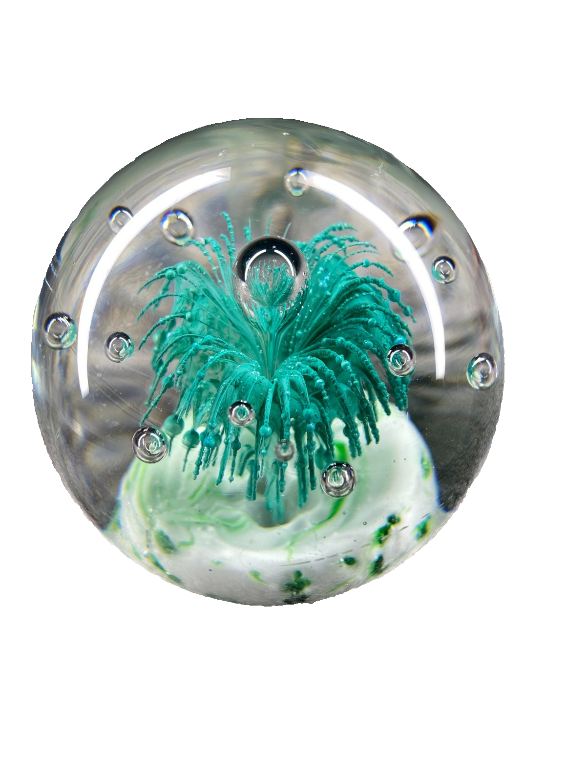 Sanders and Wallace style Green and White Bubbles - 7cm Tall Glass Paperweight