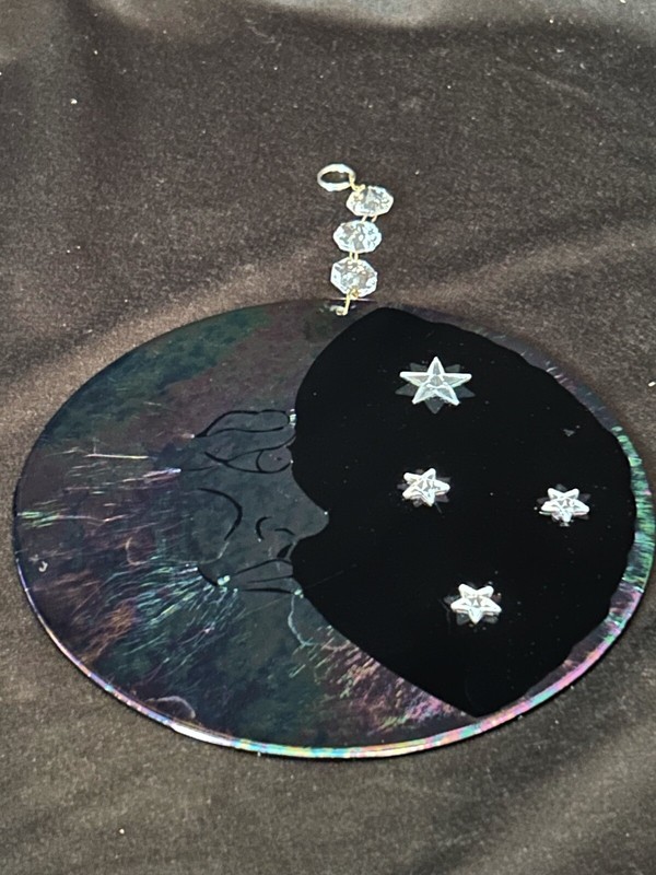 Purple Galaxy Studio Art Glass Fused Art Iridescent Crescent Moon Face & Stars 