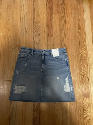 F&F Skirt 4 Womens Blue Denim Mini Pockets Zip Fly Distressed Short Casual