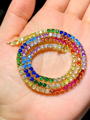 Men's Woman Rainbow Colors Tennis Chain Choker Necklace Cz Iced Hip Hop 16'' Icy
