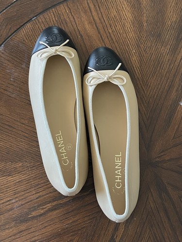 Pre-owned Chanel Beige Lambskin Cap Toe Ballerina Flats Choose Your Size In Black / Beige