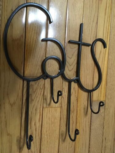 Cast Iron Metal Wall Hanging 4 Hooks Cats Keys Hat Coats