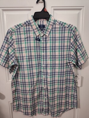 George Men's Size M 38/40 Pink Green Plaid Short Sleeve Poplin Button-Up Shirt