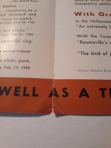 ROBERT ROUNSEVILLE OPERA SINGER AUTOGRAPH HAND SIGNED 1951. N.C.A.C. PROGRAM NEW