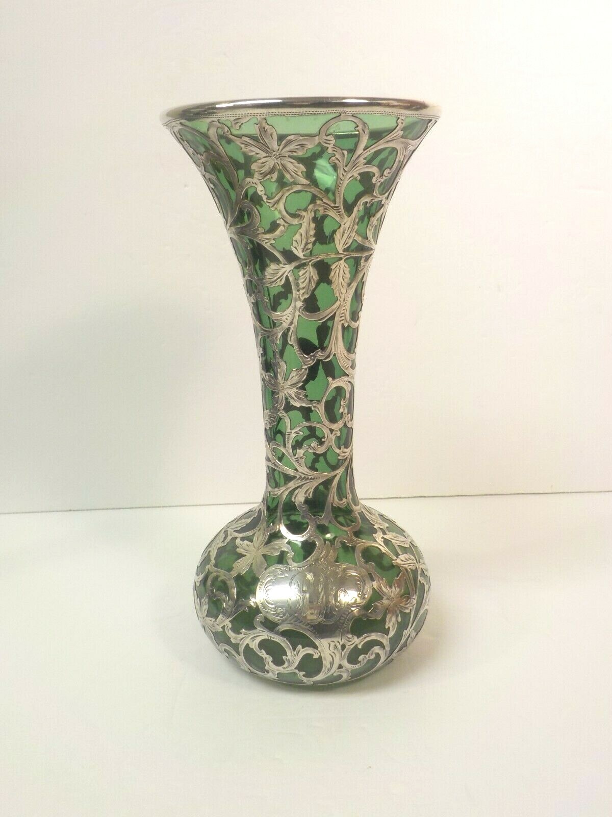 Art Nouveau Alvin Sterling Silver Overlay Green Glass 10