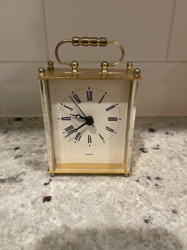 Brass Gold Finish Mantle Desk Table Clock Portable Handle Quartz Retro Vintage