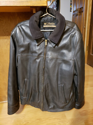 Mens Columbia Black Leather Coat w/ Dual Layer Inner Fleece