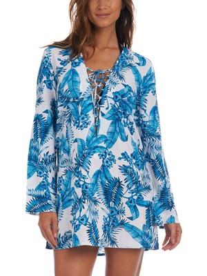 

LA BLANCA Женская синяя туника на шнуровке с пальмовым принтом Tranquility Swimsuit Cover Up, Синий