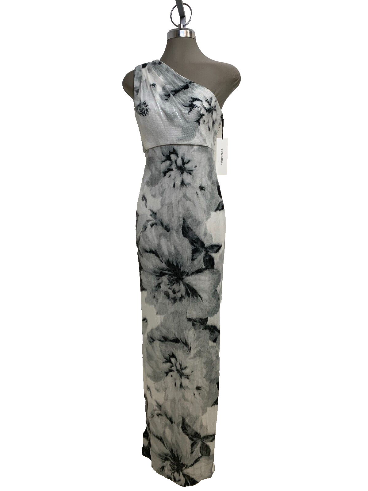 Элегантное серое вечернее платье Calvin Klein NWT с цветочным рисунком и блестками на одно плечо, размер 4,6,8