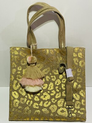 America & Beyond Leopard Handwoven Jute Neutral Tote w/Tassel Hand Stamped NEW