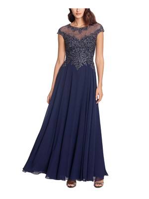 

XSCAPE Женское темно-синее вечернее платье в полный рост с иллюзорной кокеткой и рукавами, Navy