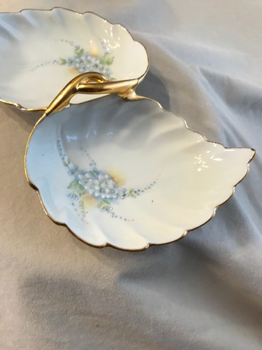 VTG Lefton China Hand-Painted Floral Leaf Double Dish Bridge Bowl Nut relish mix