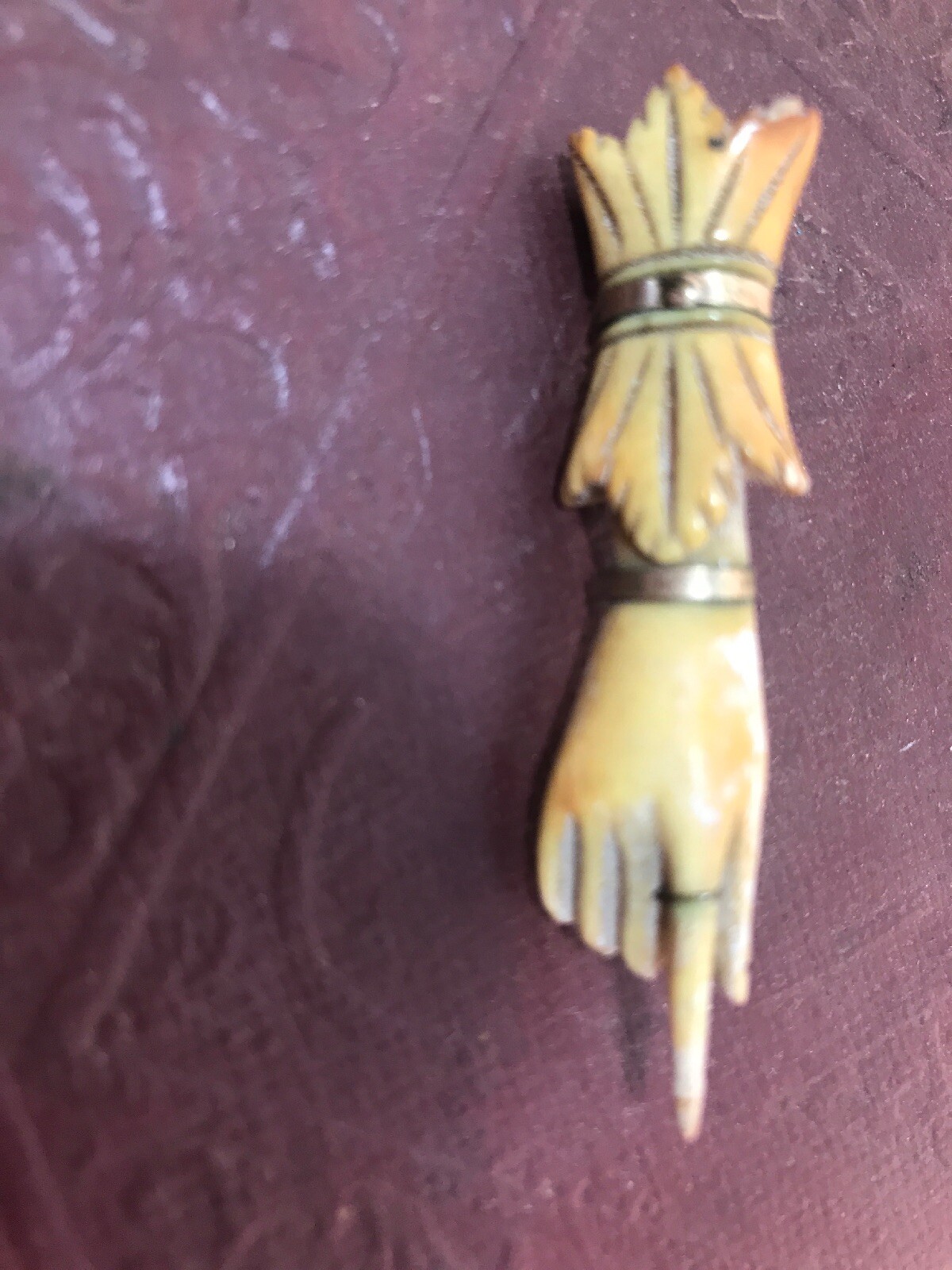 Antique Carved Victorian Bone Pointed Finger HAND BROOCH Pin Gold Accent Jewelry