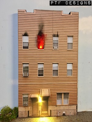 O Scale Scratch Built  APARTMENT BUILDING ON FIRE  LED Front/Flat MTH Lionel