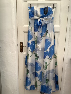 BNWT COAST JENNA  FLORAL IVORY & ROYAL BLUE SILK  FORMAL MAXI DRESS UK10  £175
