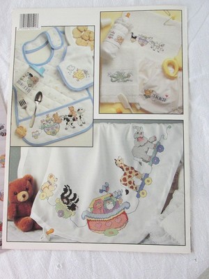 3 Cross Stitch Pattern Booklets Baby Bibs, Noah's Ark, Lucy's Friends, Blanket