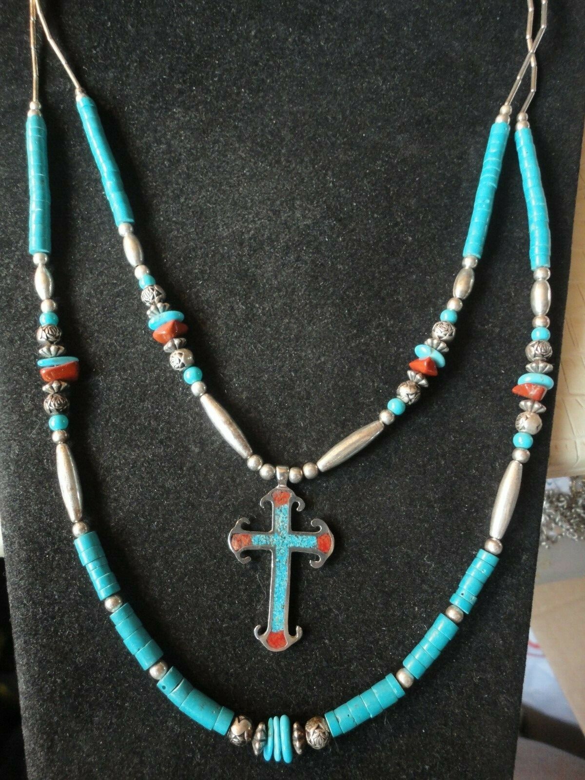 Southwestern Sterling Silver Turquoise & Red Coral Bead With Cross 23