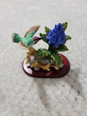Broad Billed Hummingbird w Orchid Flower on wood base. Porcelain. Vivid colors. 