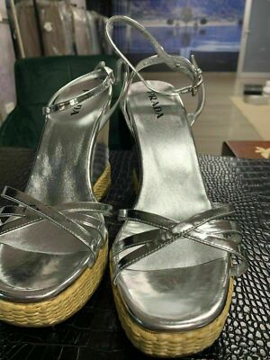 Pre-owned Prada Wedge Paglia Leather Sandals Heels Shoes Mules 40.5 In Silver