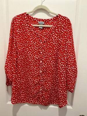Catherine s Blouse 1X (18-20W) V-Neck Buttons Button Up Sleeve Option Red White