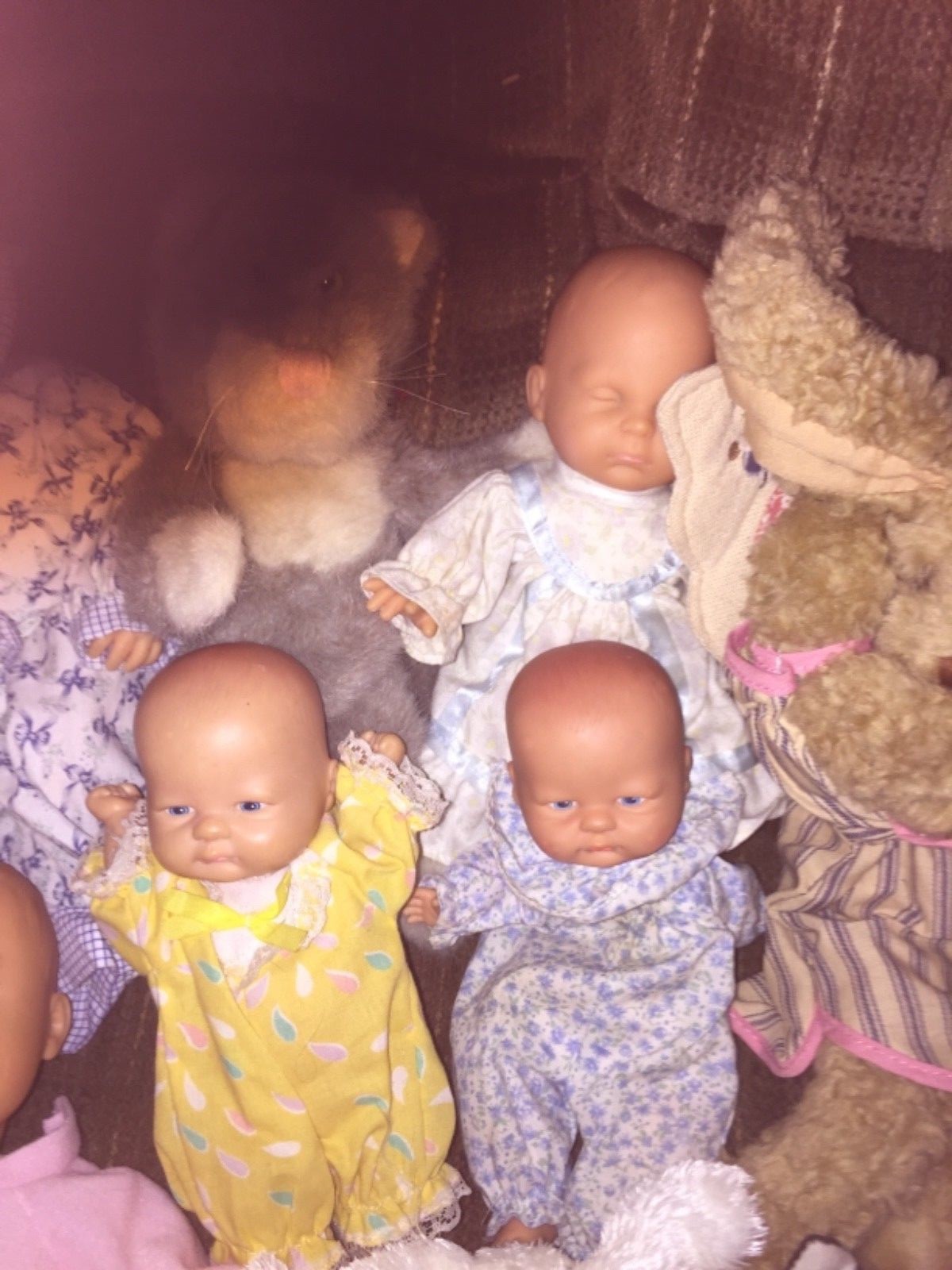 LOT OF 21 DOLLS AND STUFFED ANIMALS & MORE