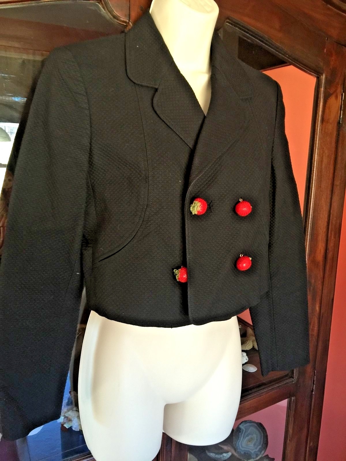 Moschino Cheap & Chic Black Lined Strawberry Buttons Long Sleeve Jacket Sz 6