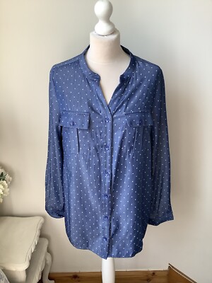 NWOT OASIS Chambray Blue White Spotted Shirt Blouse Long Sleeves Size 14