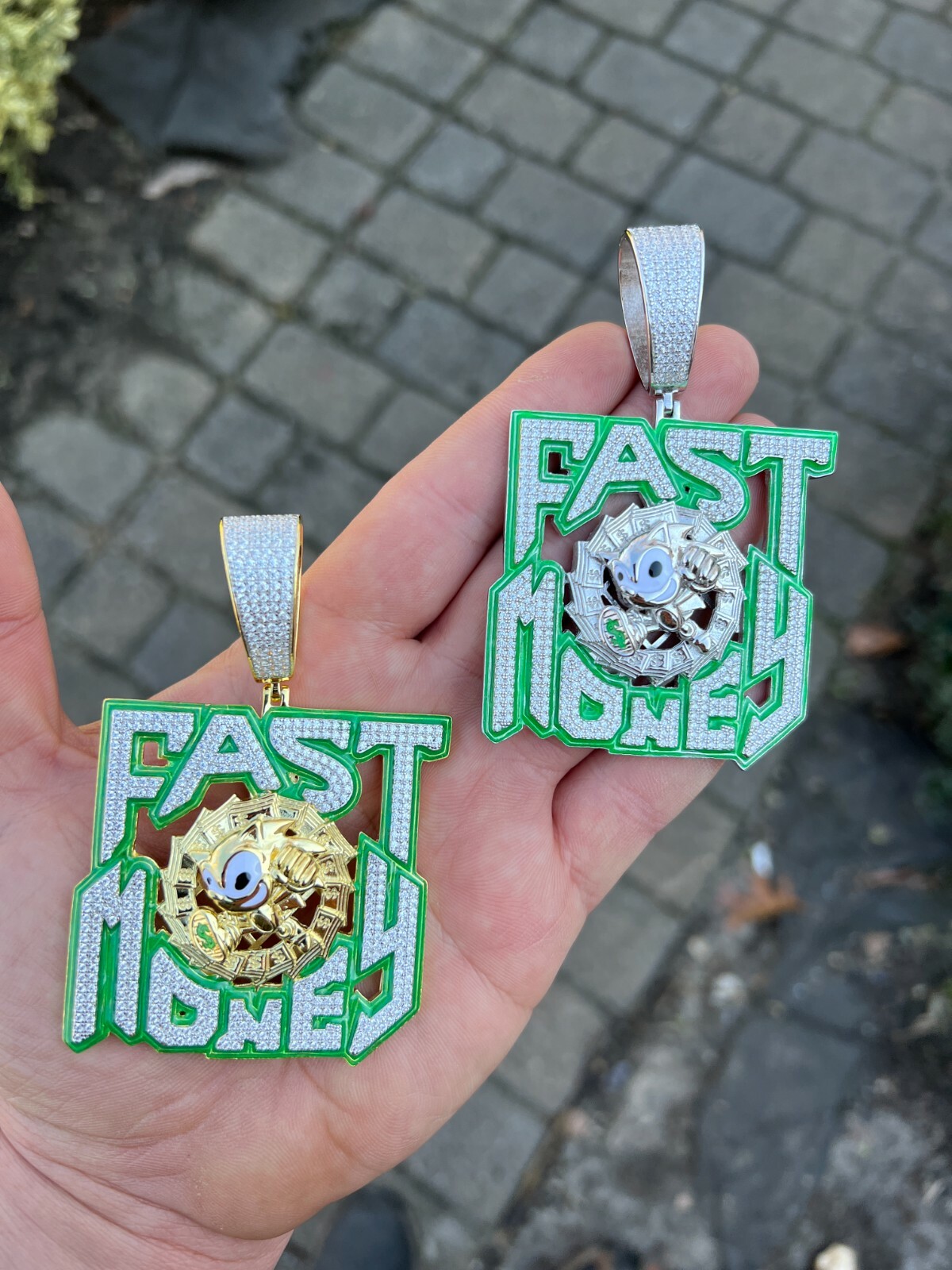 Pre-owned Silver Real 925  Gold Plated Cz Glows In Dark Fast Money Sonic Big Hiphop Pendant