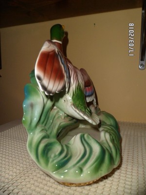 VINTAGE: MID CENTURY 1950's TV LAMP: MALLARD DUCK WITH BRASS BASE PLANTER