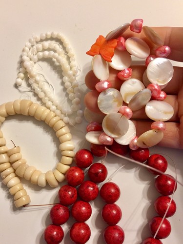 Red Coral, Shell, Freshwater Pearl Natural- 4 Strand, Mix Size, Shape