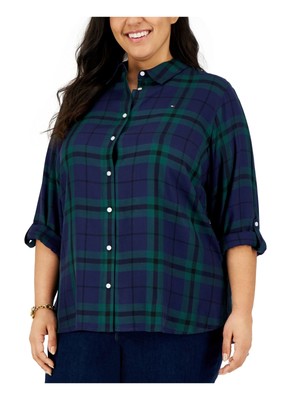 

TOMMY HILFIGER Женский темно-синий клетчатый топ с отложными рукавами и воротником на пуговицах плюс, Navy